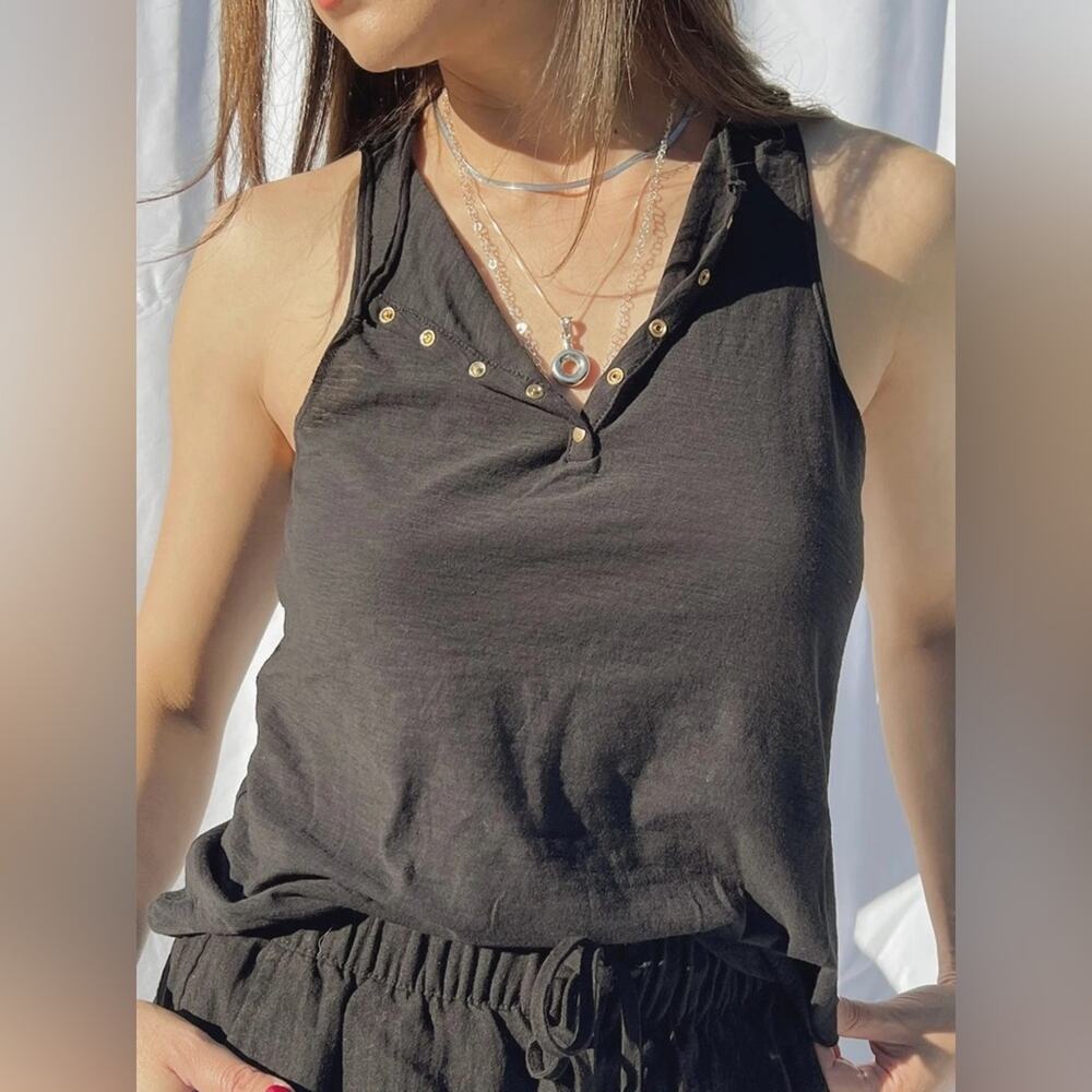 Nation LTD Nicolette Snap-Front Henley Pima Cotton Tank Top Dark Grey Size S